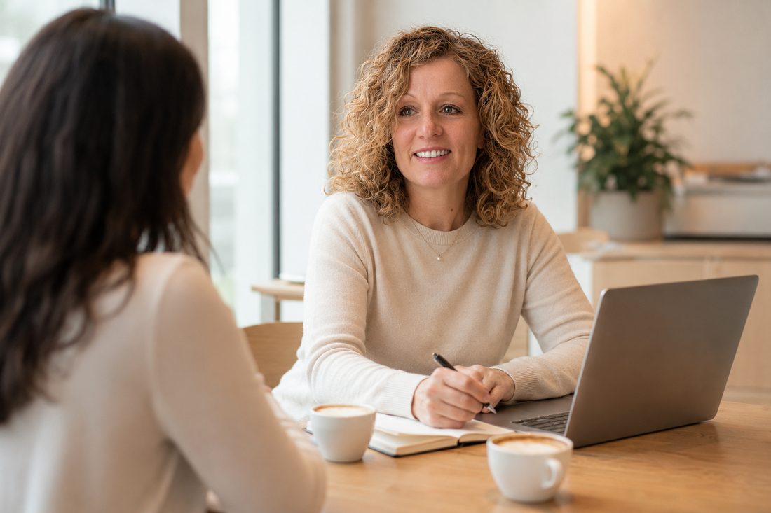 Sandra Delon en rendez-vous avec une cliente, vue de dos