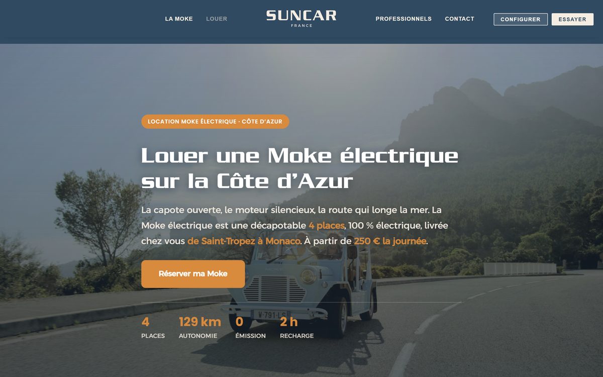 Page de location Moke électrique refondue par Sandra Delon pour SUNCAR France